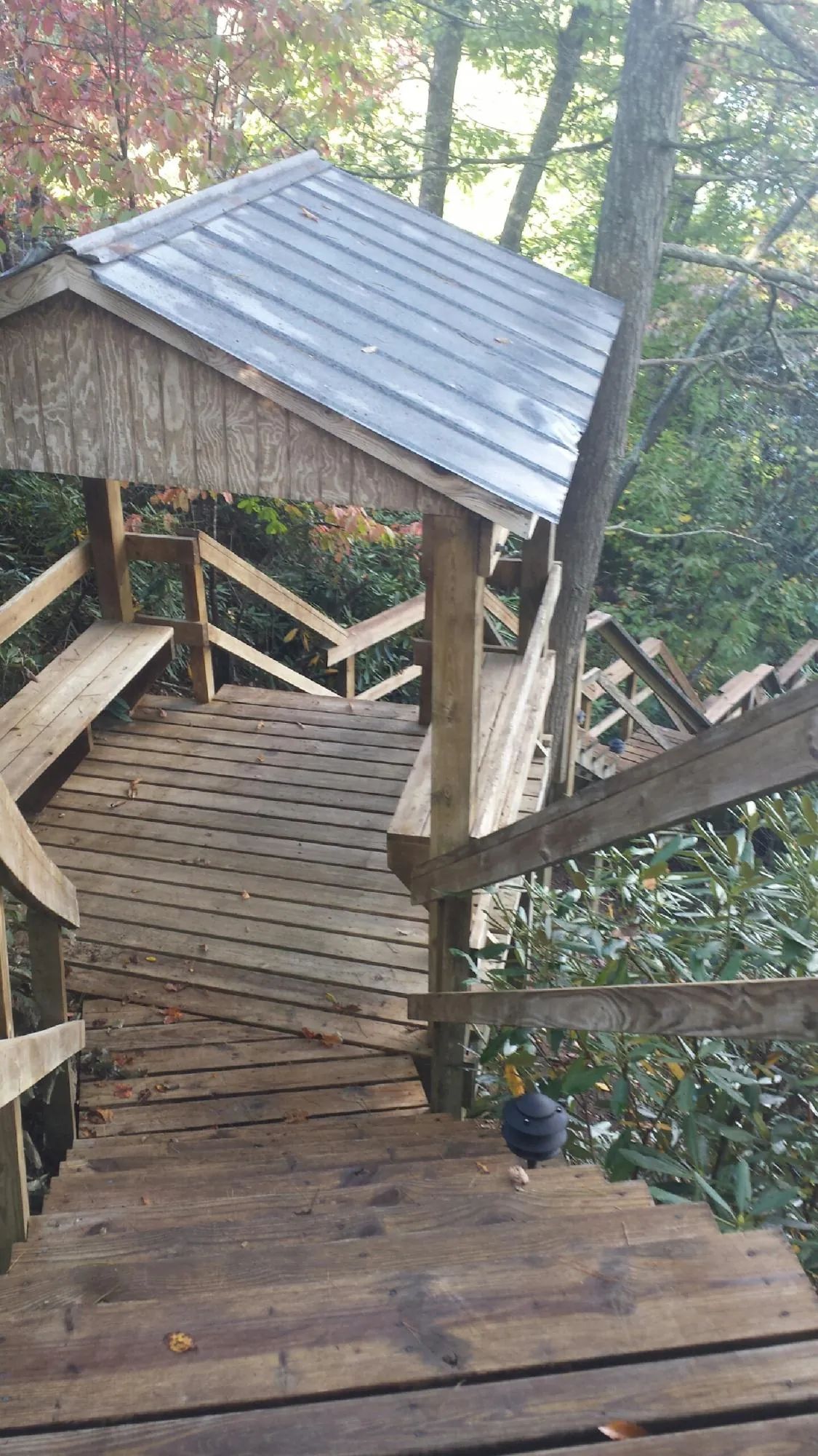 Metal roofed shelter over wooden steps on a wooded walkway — Skylight Repair & Installation work by our crew in Cheltenham